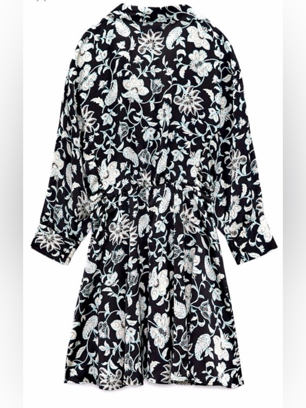 Zara | Black Floral Long-Sleeve Satin Boho Midi Shirt Dress | Sz XL - Picture 2 of 10